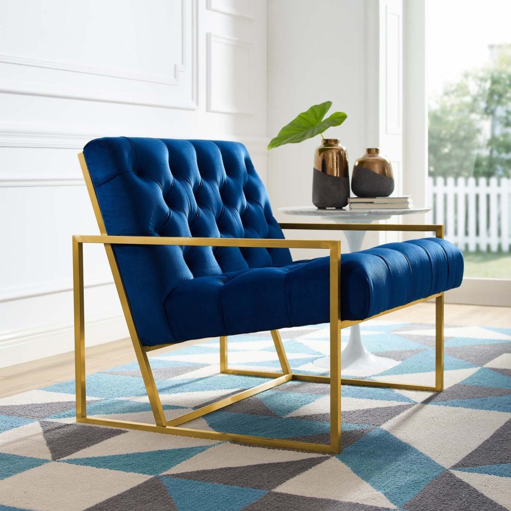 Bequest Gold Stainless Steel Performance Velvet Accent Chair in Navy by Modway
