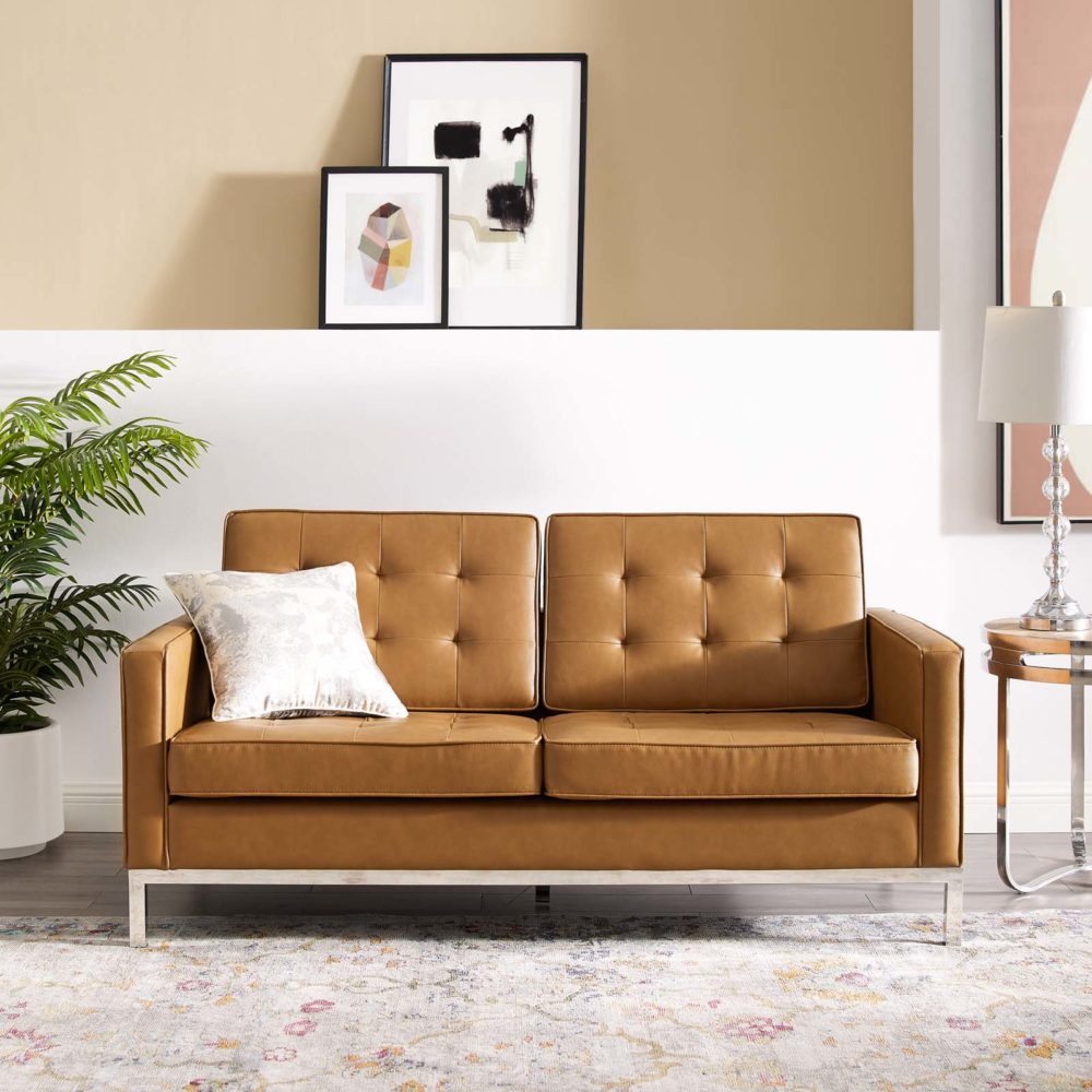 Loft Tufted Upholstered Faux Leather Loveseat in Silver and Tan by Modway