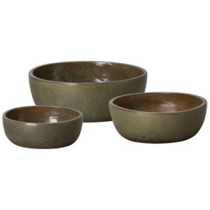 Metallic Green Round Shallow Ceramic Planters by Emissary