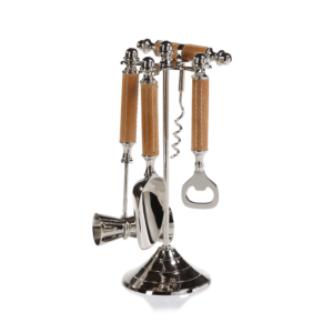 Polished Nickel and Leather Bar Tool Set by Zodax