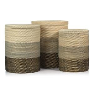 Catalina Natural, White, Gray and Black Rattan Lidded Baskets Set of 3 by Zodax