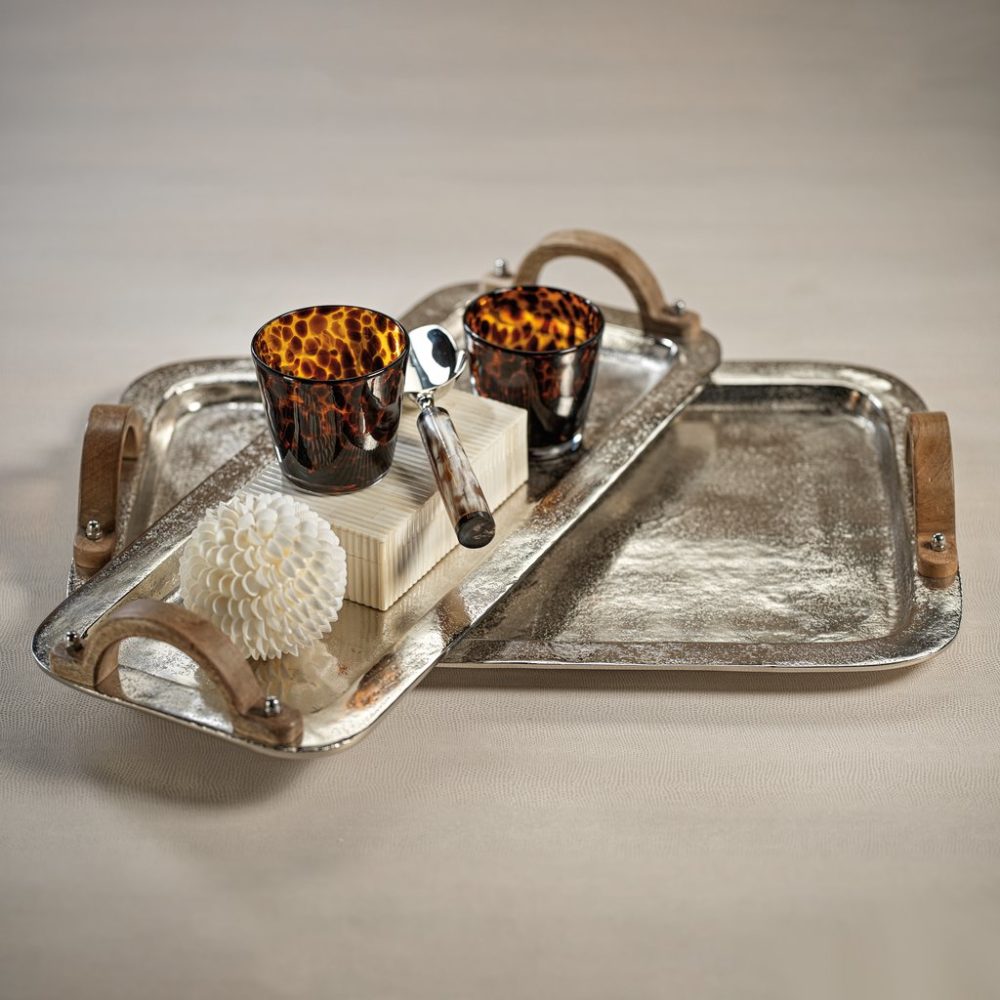 Barcelona Nickel Aluminum Trays with Wooden Handles by Zodax