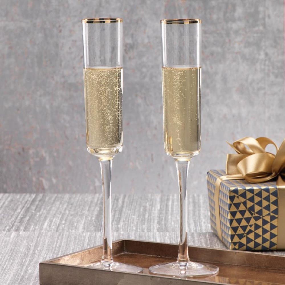 Pair of stainless steel shiny mirror finish champagne flutes