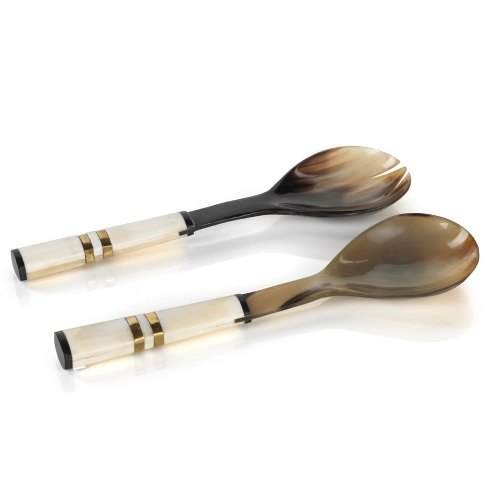 Côte d'Ivoire Salad Server Set in Variegated Horn with White Bone