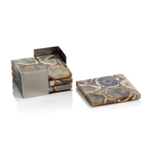 Crete Taupe and Brown Agate Coasters Set of 4 on Metal Tray by Zodax