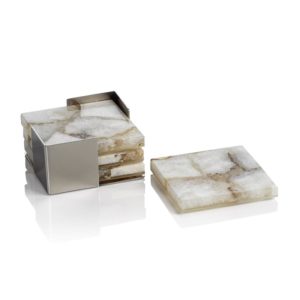 Crete Taupe and White Agate Coasters Set of 4 on Metal Tray by Zodax