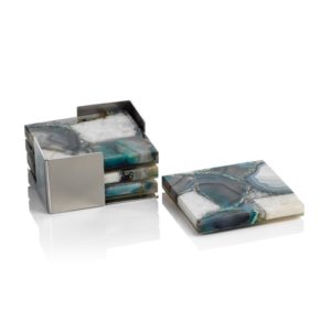 Crete Green and White Agate Coasters Set of 4 on Metal Tray by Zodax