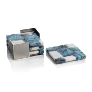 Crete Blue and White Agate Coasters Set of 4 on Metal Tray by Zodax