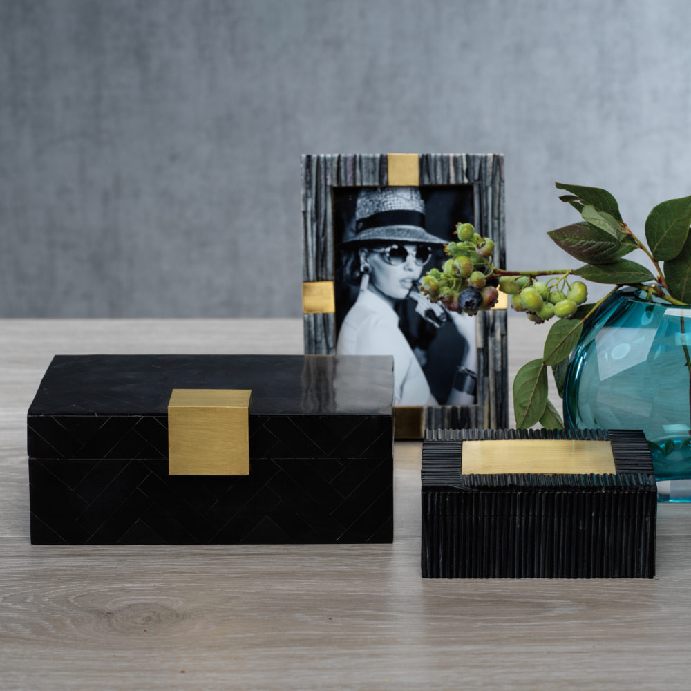 Cape Verde Black Resin Chevron Inlaid Box with Brass Trim by Zodax - Image 2
