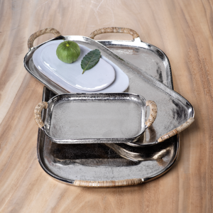 Mauritius Raw Aluminum Trays with Cane Wrapped Handles by Zodax