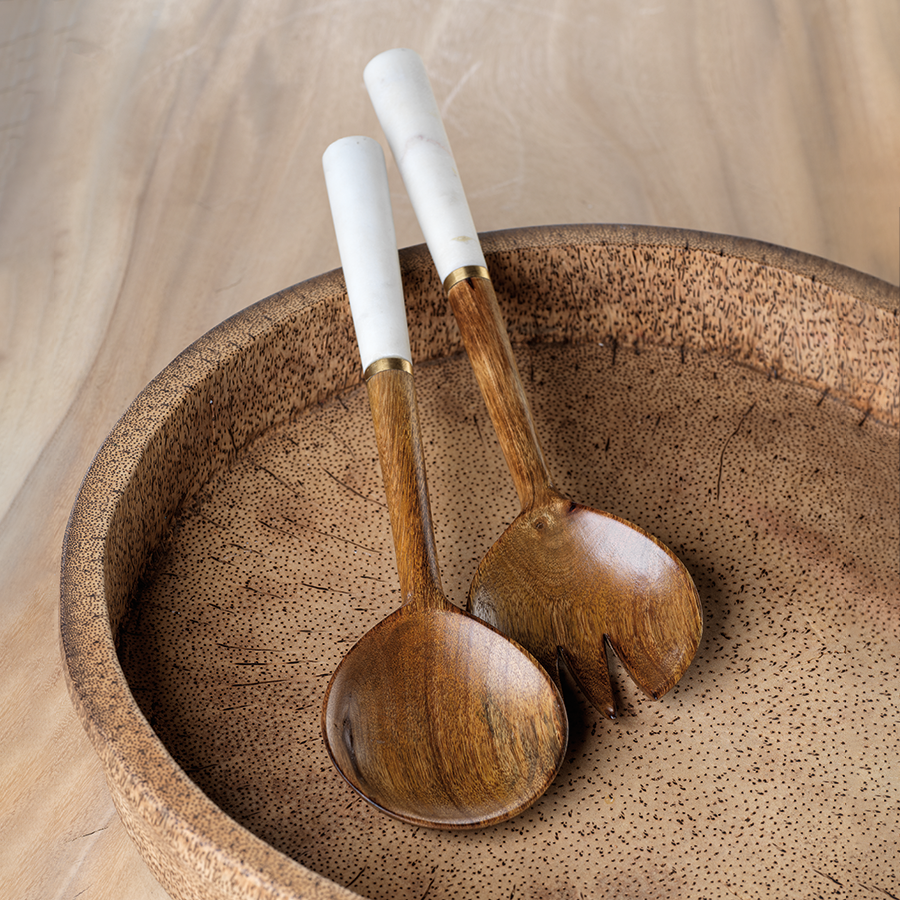 Heritage Mango Wood and Marble Salad Server Set by Zodax Seven Colonial