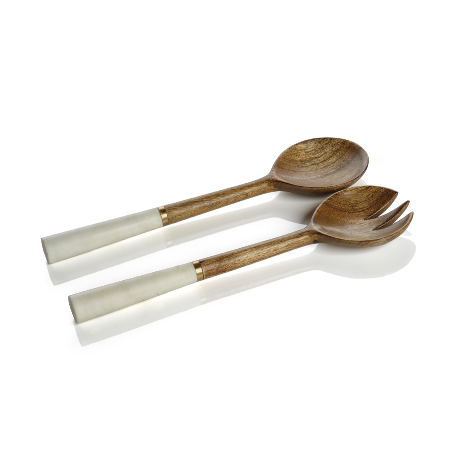 Heritage Mango Wood and Marble Salad Server Set by Zodax Seven Colonial