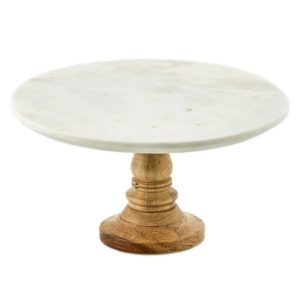 White Marble Cake Plates with Mango Wood Stands by BIDKhome