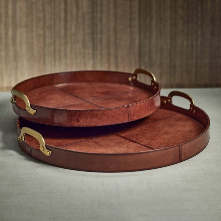 Aspen Round Leather Trays with Brass Handles by Zodax Seven Colonial