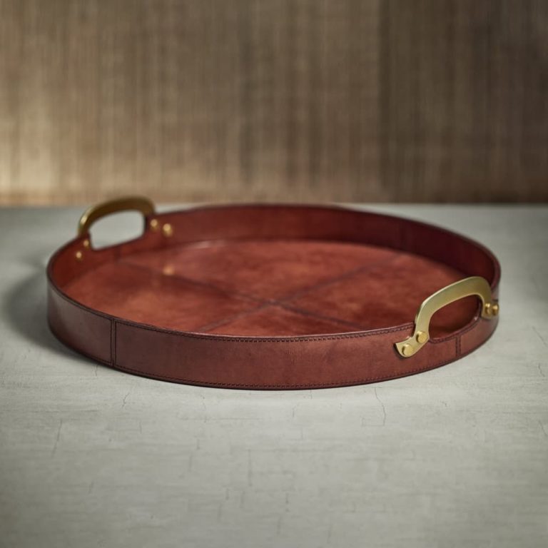 Aspen Round Leather Trays with Brass Handles by Zodax Seven Colonial