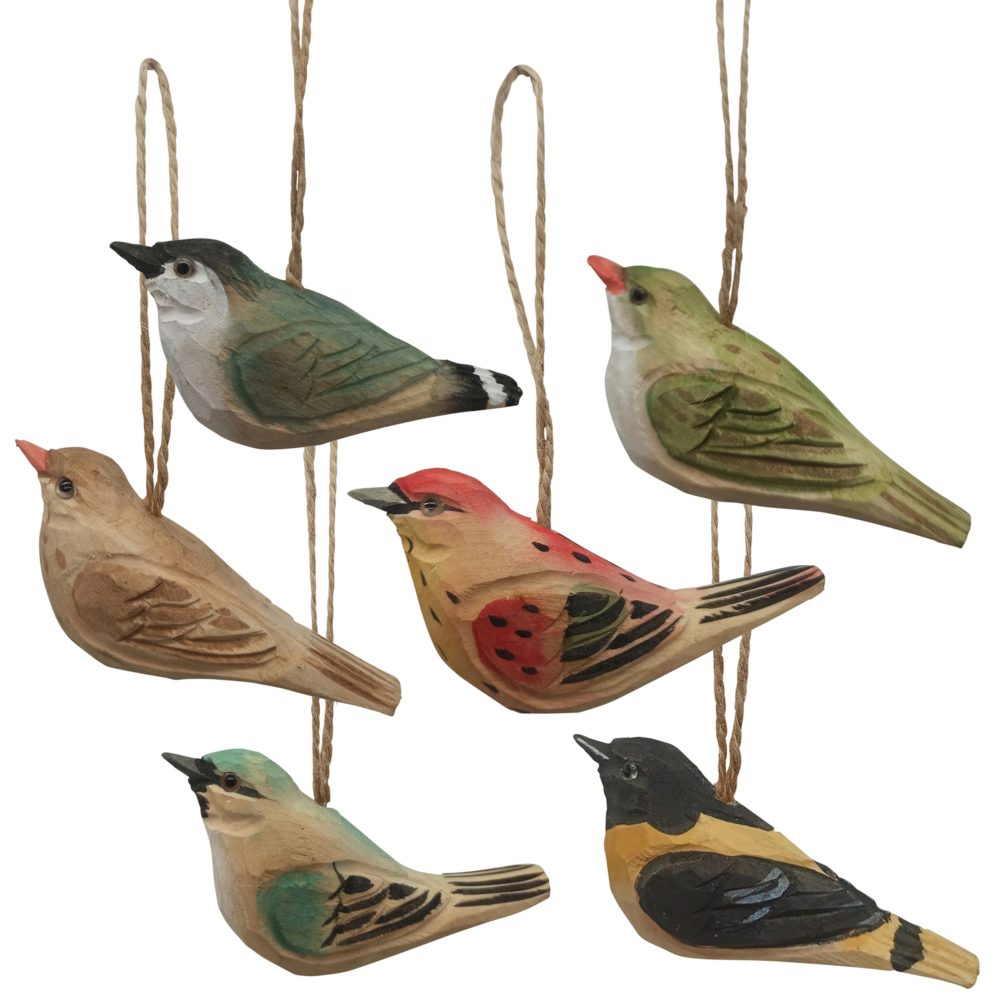 Carved Wood Bird Ornaments Set of 6 by HomArt