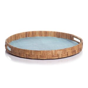 Agrari Abaca Blue Silk Woven Cane Round Tray by Zodax