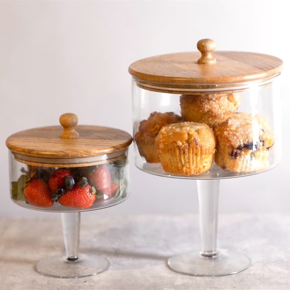 Glass Pedestal Jars with Wood Lids by BIDKhome - Seven Colonial