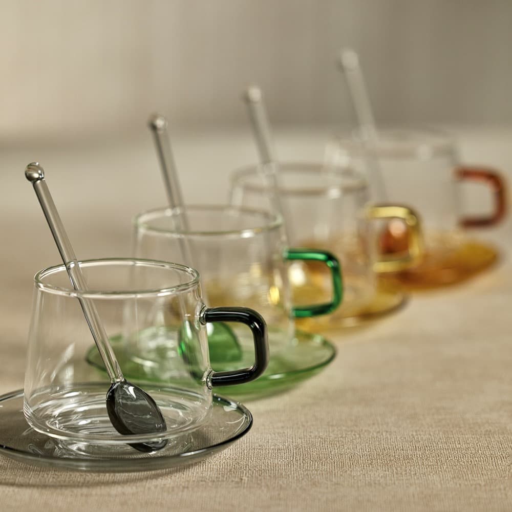 Set of 4 Clear Glass Cups and Saucers, Cut Clear Glass Coffee Cups