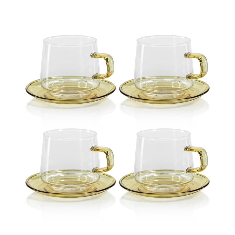 Set of 4 Clear Glass Cups and Saucers, Cut Clear Glass Coffee Cups