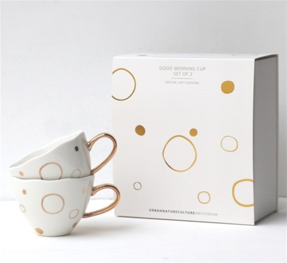 Good Morning Tea Cup with Gold Circles Set of 2 in Gift Box by Urban Nature Culture