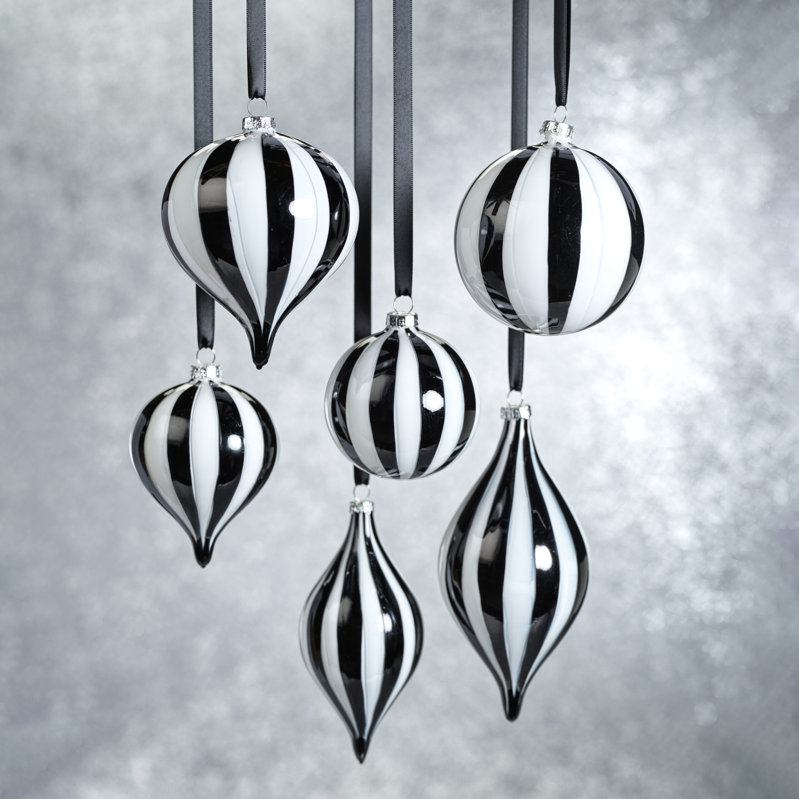 Monochrome Stripe 8-Piece Glass Ornament Set, 2.75" x 5.75" by Zodax