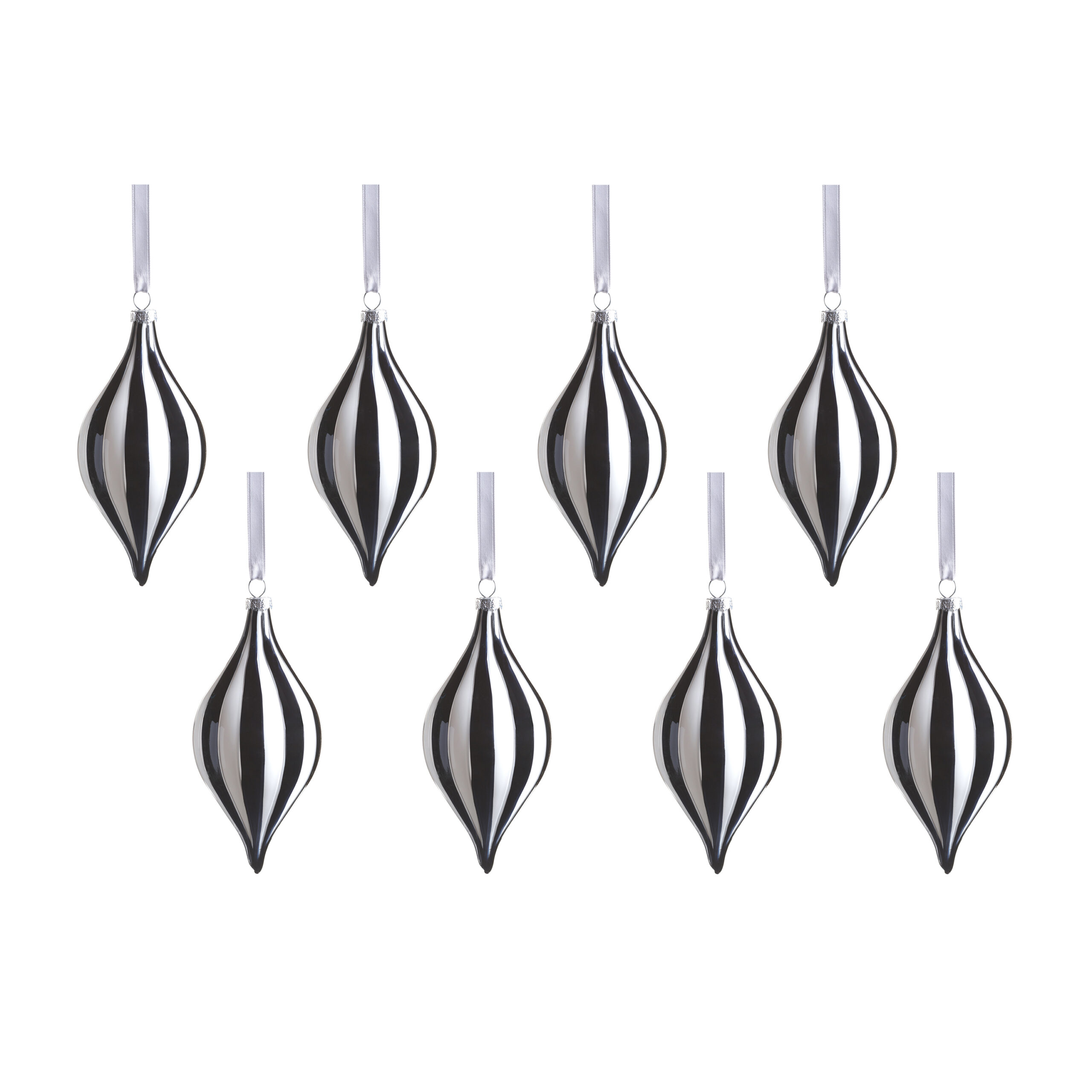 Monochrome Stripe 8-Piece Glass Ornament Set, 2.75" x 5.75" by Zodax