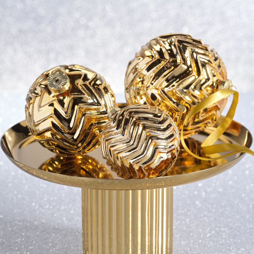 Trieste 6-Piece Set Gold Metallic Chevron Glass Ball Ornaments, 3.25" by Zodax