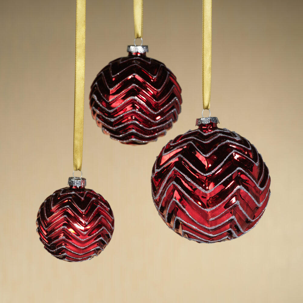Trieste 6-Piece Set Red Metallic Chevron Glass Ball Ornaments, 4" by Zodax