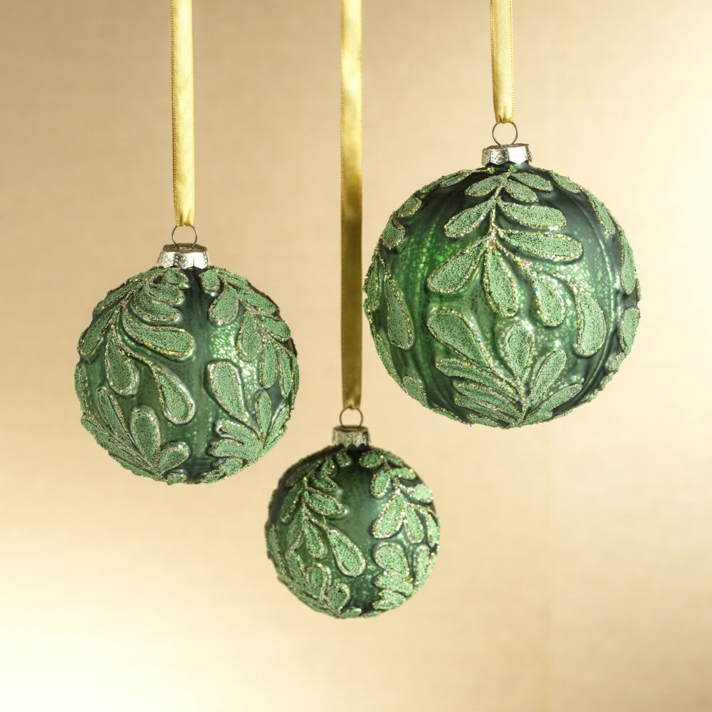 Phyllon 6-Piece Beaded Leaf Pattern Glass Ball Ornament Set, 4" by Zodax