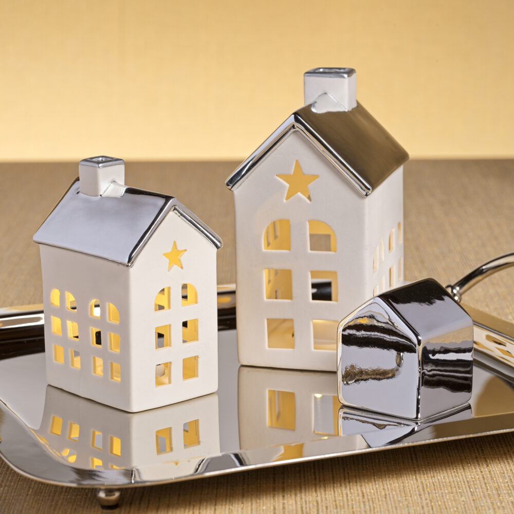 Lilou 2-Piece Set Porcelain LED House with Silver Roof, Large by Zodax