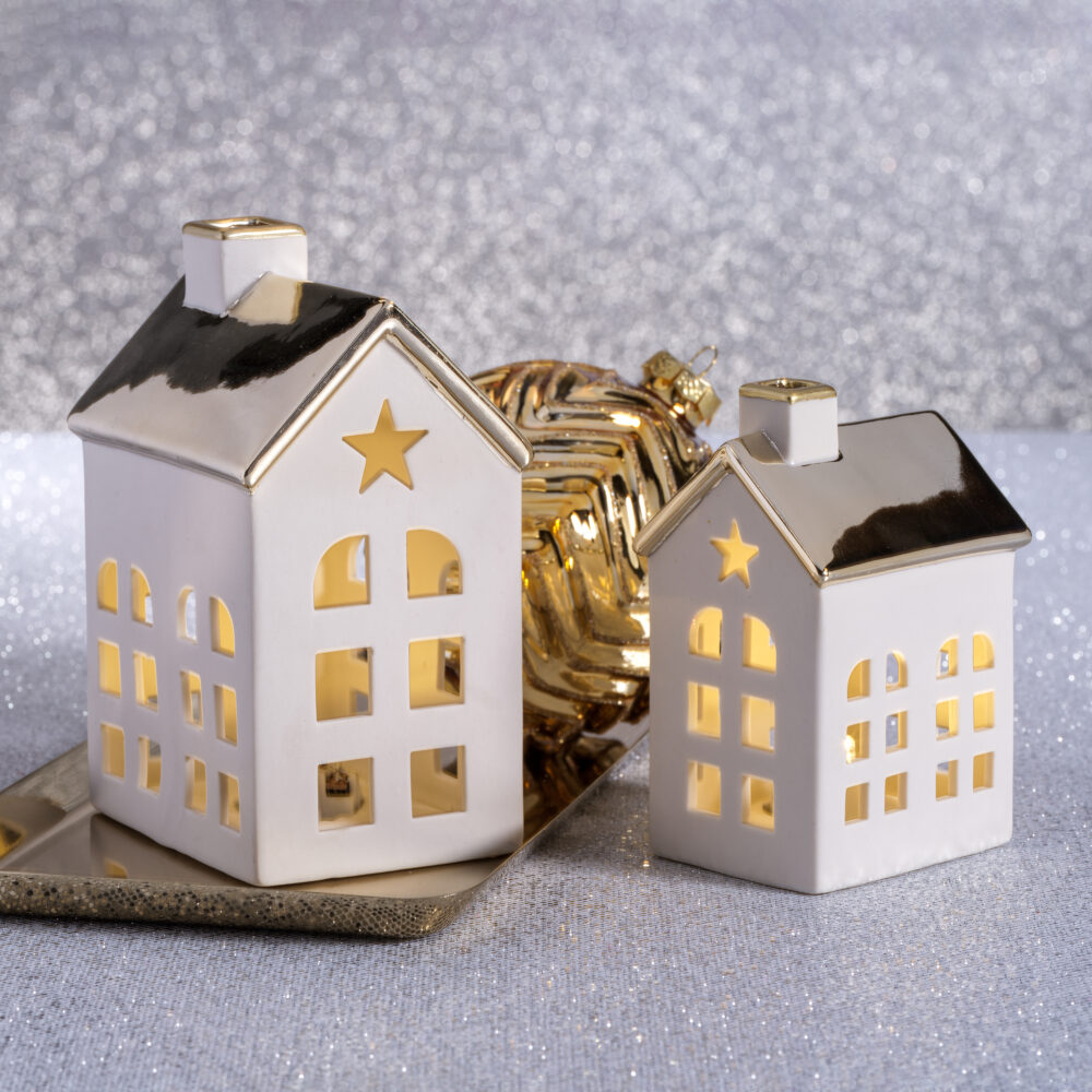 Lilou 2-Piece Set Porcelain LED House with Gold Roof, Small by Zodax