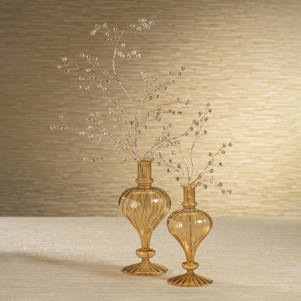 Vellum 2-Piece Set Large Light Amber Spiral Glass Vases, Turnip Shape by Zodax
