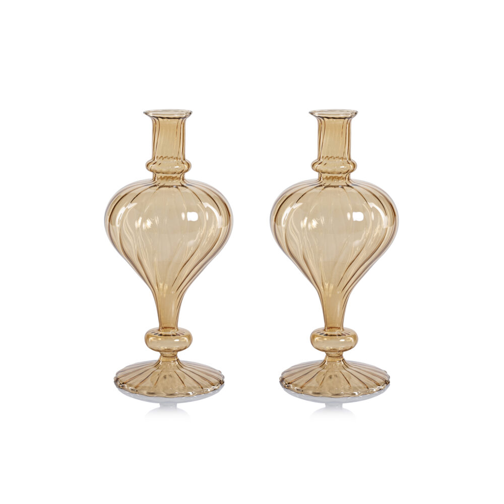 Vellum 2-Piece Set Large Light Amber Spiral Glass Vases, Turnip Shape by Zodax