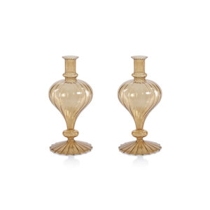 Vellum 2-Piece Set Small Light Amber Spiral Glass Vases, Turnip Shape by Zodax