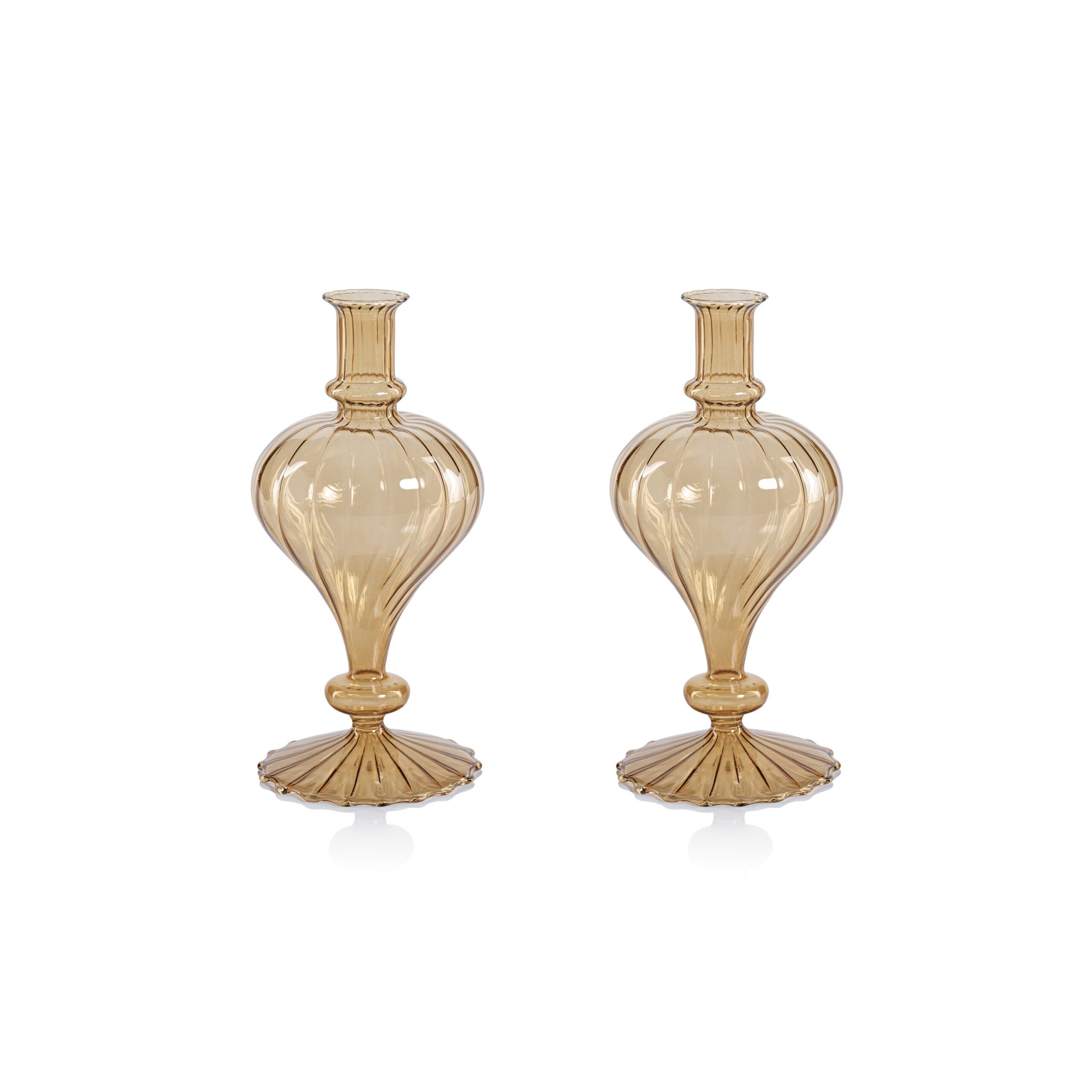 Vellum 2-Piece Set Small Light Amber Spiral Glass Vases, Turnip Shape by Zodax