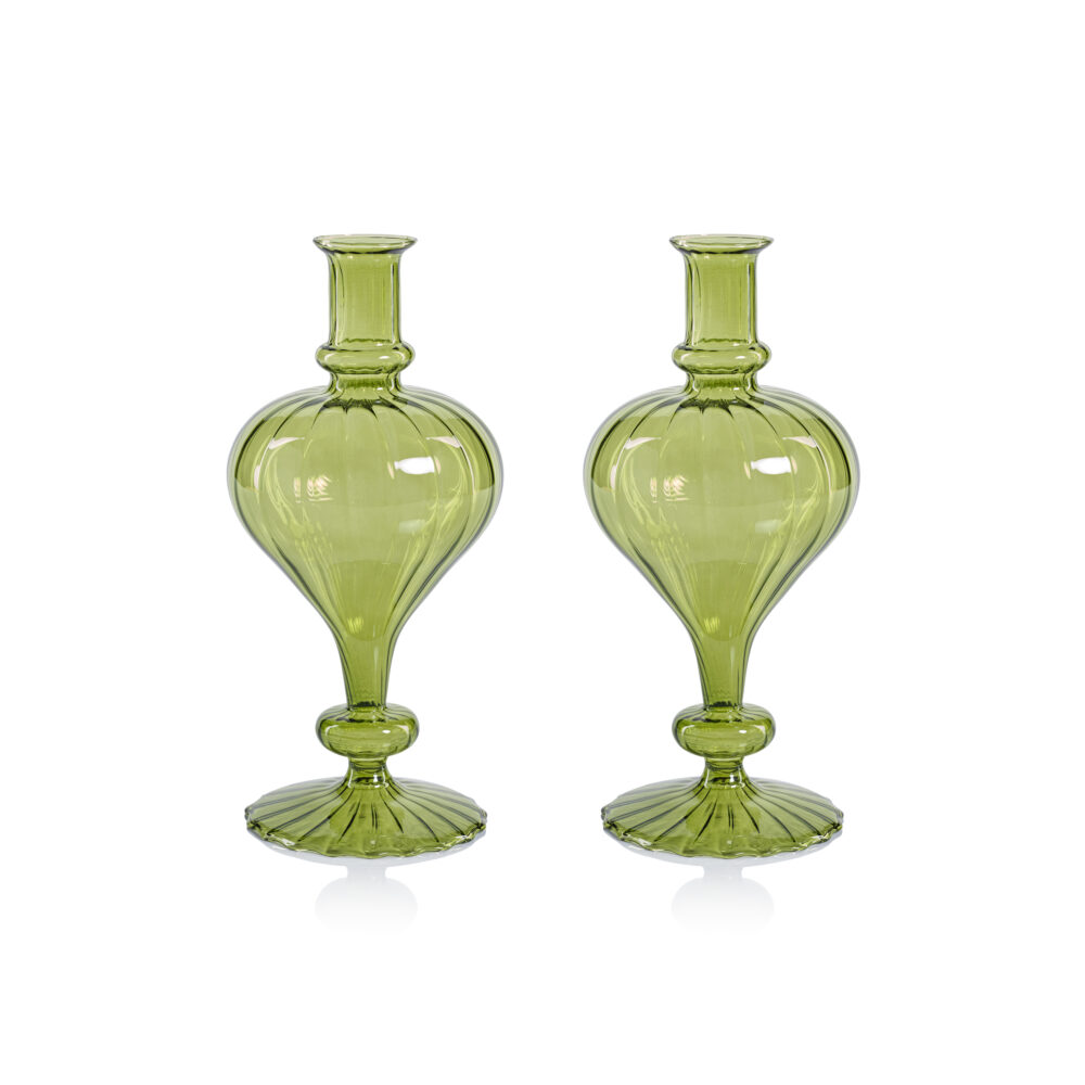 Vellum 2-Piece Set Large Green Spiral Glass Vases, Turnip Shape by Zodax