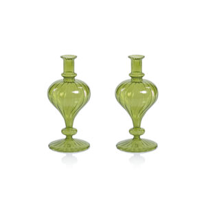 Vellum 2-Piece Set Small Green Spiral Glass Vases, Turnip Shape by Zodax
