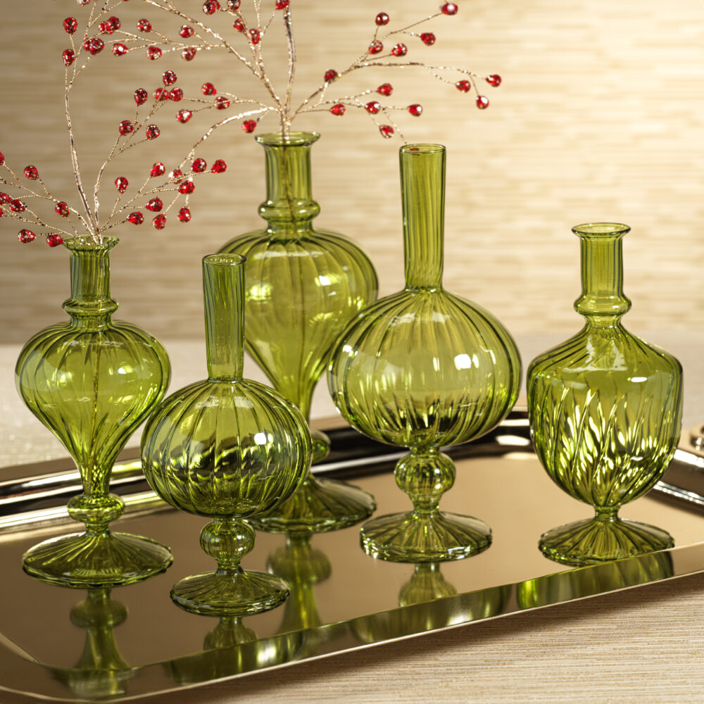 Vellum 2-Piece Set Green Spiral Glass Vases, Urn Shape by Zodax