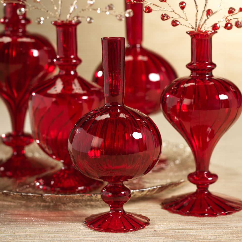 Vellum 2-Piece Set Small Red Spiral Glass Vases, Onion Shape by Zodax