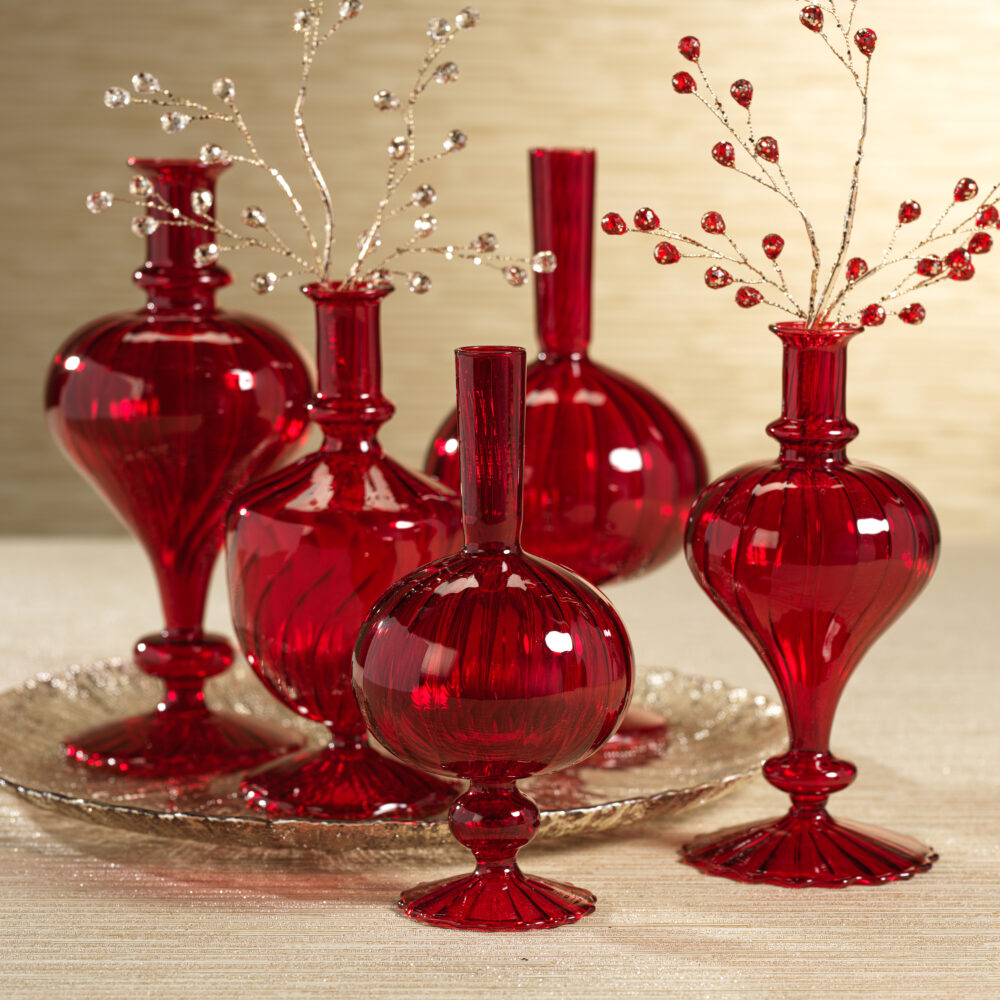 Vellum 2-Piece Set Small Red Spiral Glass Vases, Onion Shape by Zodax