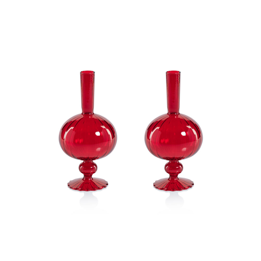 Vellum 2-Piece Set Small Red Spiral Glass Vases, Onion Shape by Zodax