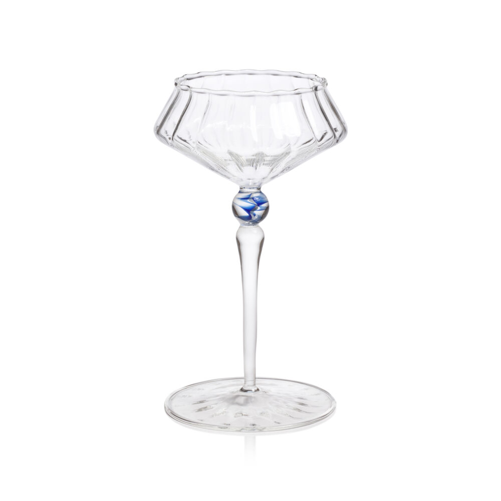 Ondine 4,Piece Set Fluted Coupe Glasses, Clear w/ Royal Azure Accent by Zodax