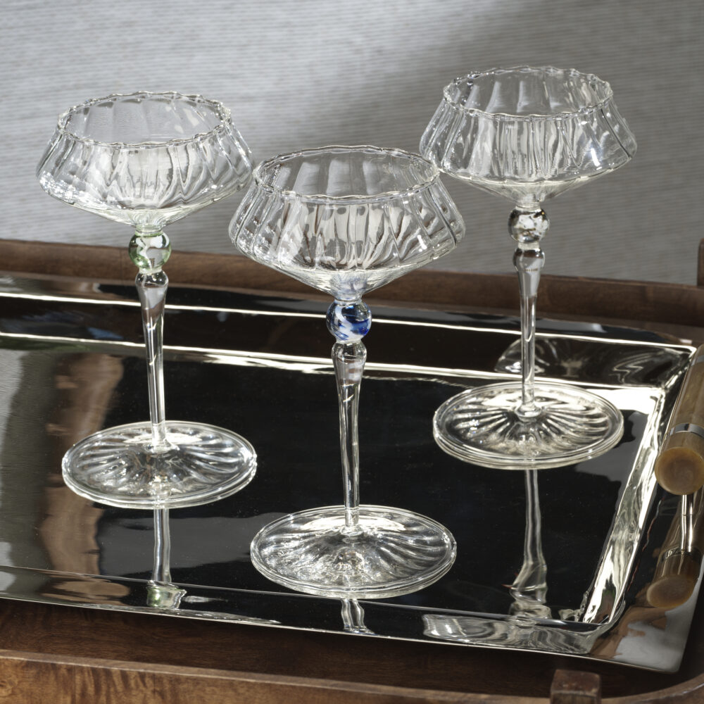 Ondine 4,Piece Set Fluted Coupe Glasses, Clear w/ Light Amber Accent by Zodax - Image 2
