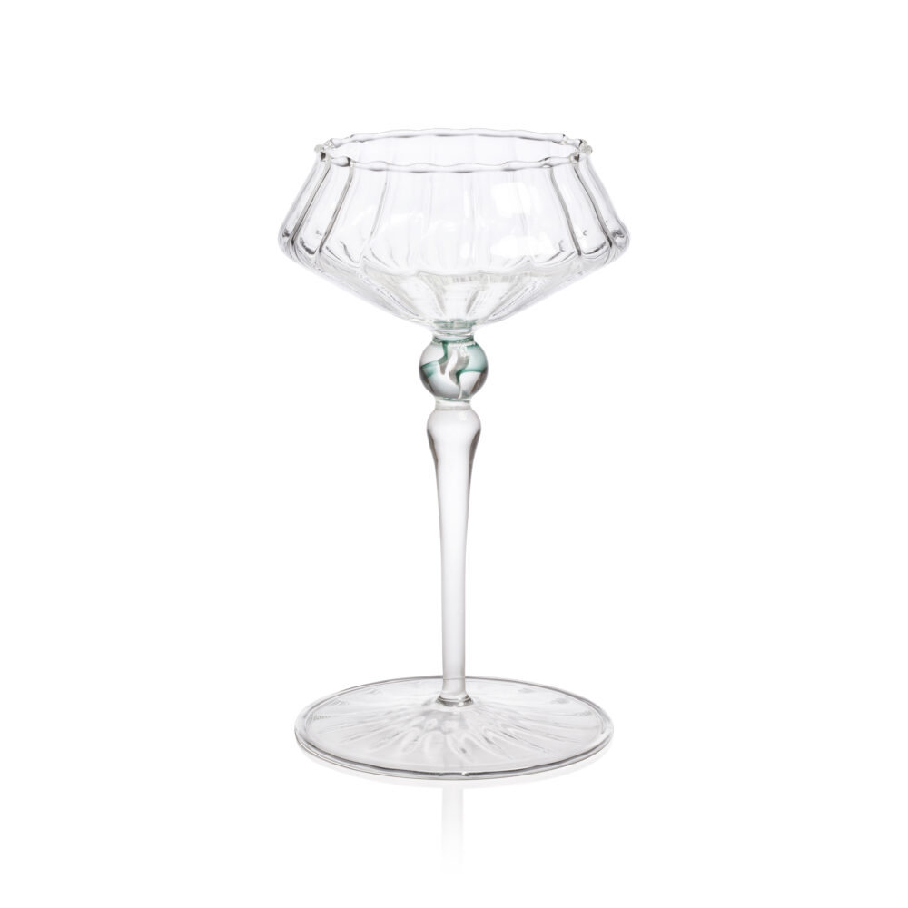 Ondine 4,Piece Set Fluted Coupe Glasses, Clear w/ Lagoon Green Accent by Zodax