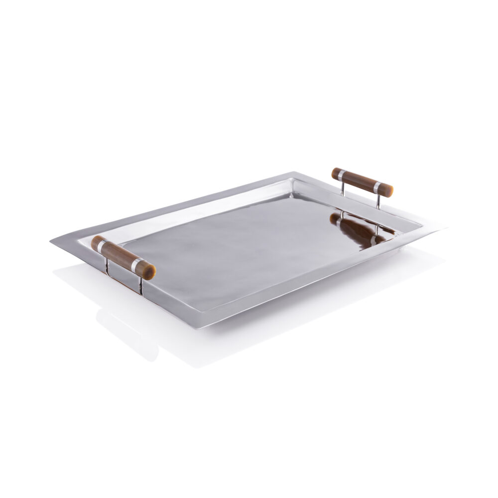 Spiga Stainless Steel Serving Bar Tray, Nickel w/ Amber Accent by Zodax