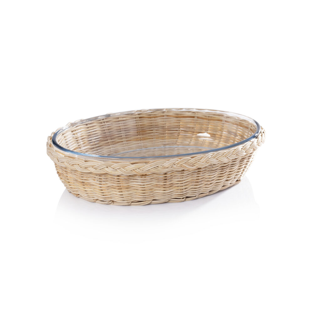 The Palmier Oval Pyrex in Rattan Basket, 14.5" x 10.25" x 3.25" by Zodax