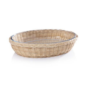 The Palmier Oval Pyrex in Rattan Basket, 16.5" x 11.75" x 3.25" by Zodax