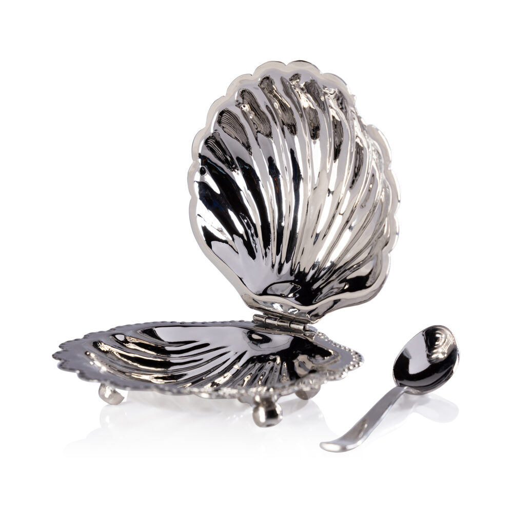 Cap Ferrat Fan Shell Lidded Bowl w/ Spoon, Nickel by Zodax