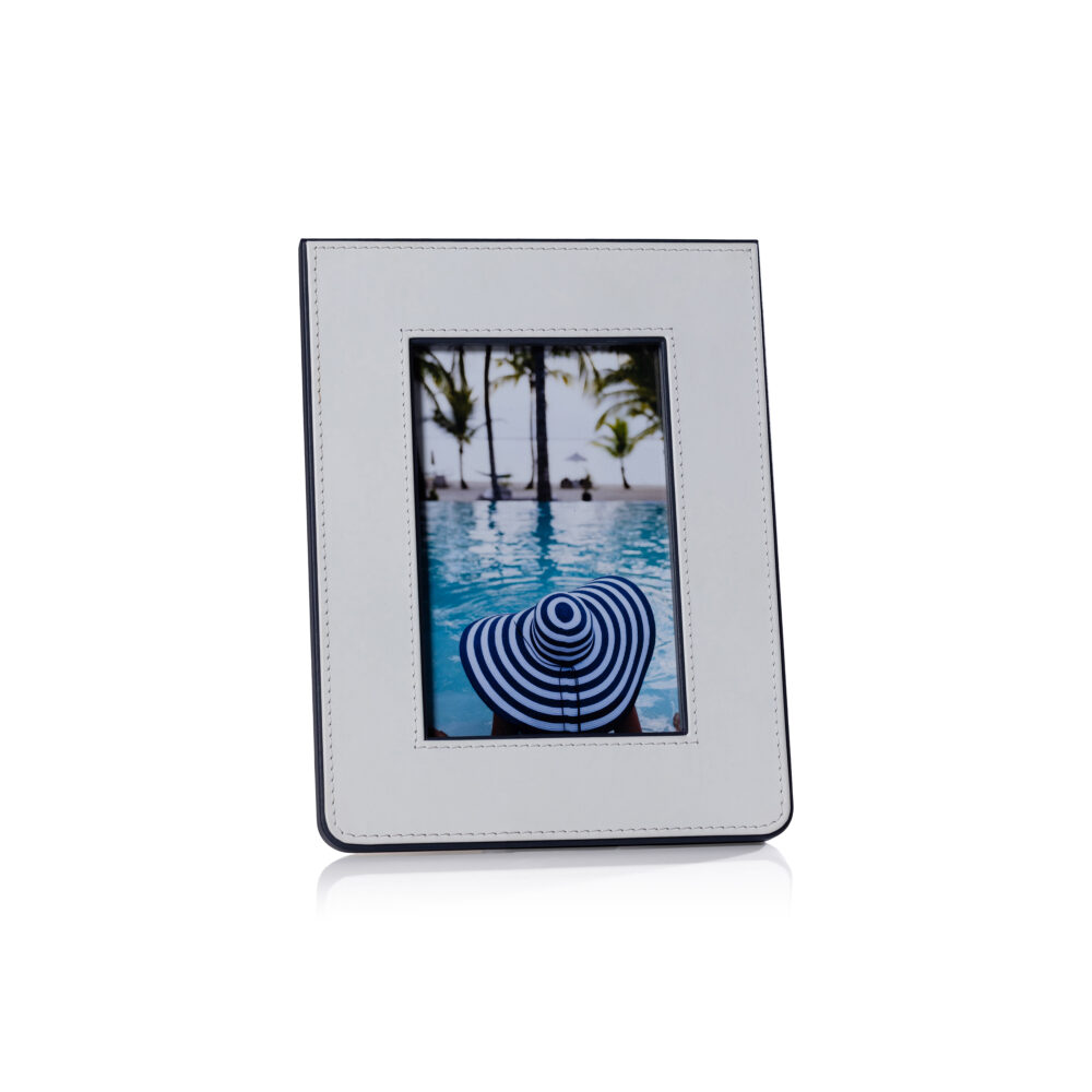Nappa Leather Photo Frame, White & Navy, 4" x 6" by Zodax